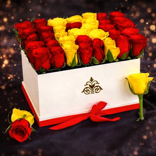 Luxury Red & Yellow Roses Square Flower Gift Box
